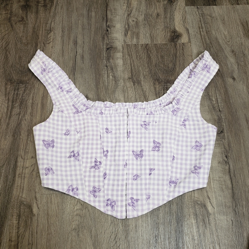 Elodie Crop Corset Ruffle Top Purple Tank‎ Belly Shirt Gingham Butterflies Small